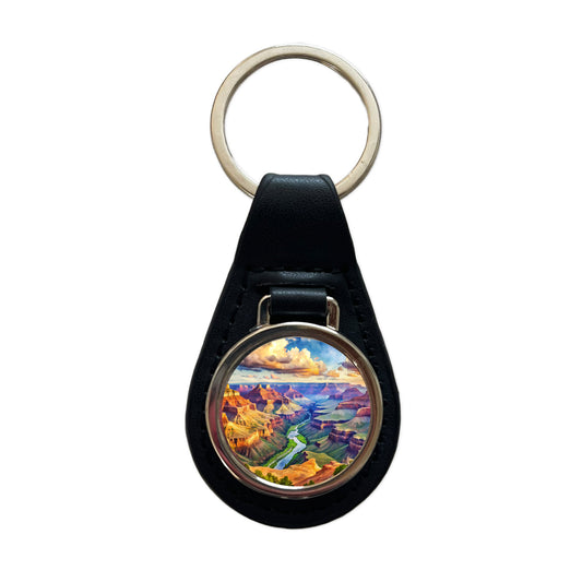 Grand Canyon National Park Arizona Watercolor Style Black Leather Metal Keychain