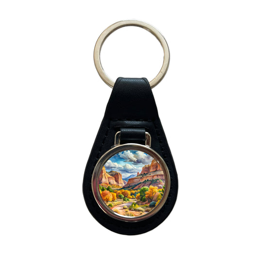 Grand Staircase - Escalante National Monument Utah Watercolor Style Black Leather Metal Keychain