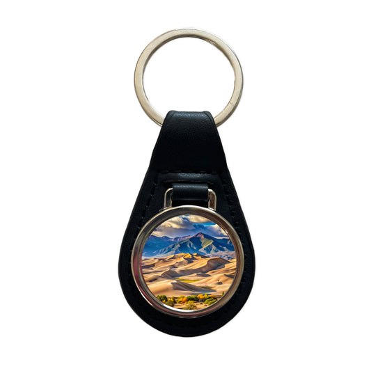 Great Sand Dunes National Park Colorado Watercolor Style Black Leather Metal Keychain