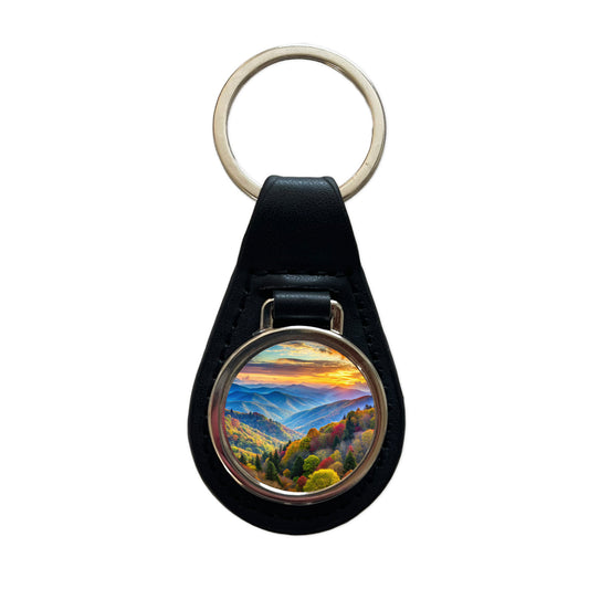 Great Smoky Mountains National Park North Carolina Tennessee Watercolor Style Black Leather Metal Keychain