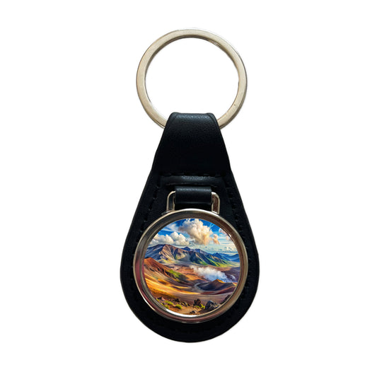 Haleakala National Park Hawaii Watercolor Style Black Leather Metal Keychain
