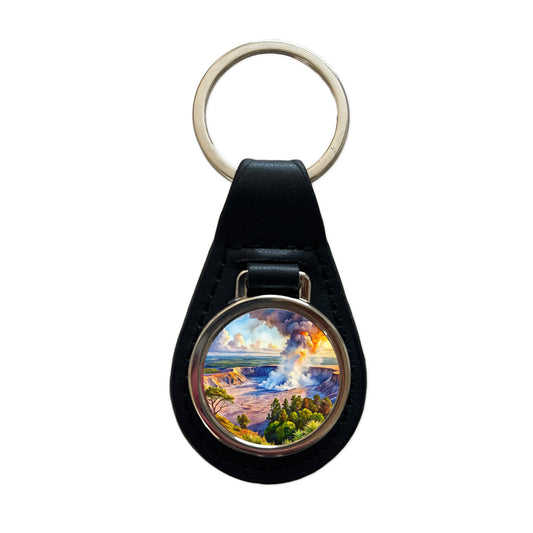 Hawai'i Volcanoes National Park Watercolor Style Black Leather Metal Keychain