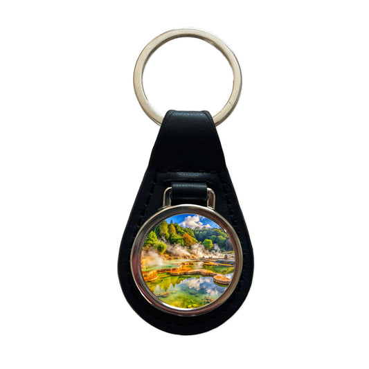 Hot Springs National Park Arkansas Watercolor Style Black Leather Metal Keychain