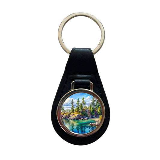 Isle Royale National Park Michigan Watercolor Style Black Leather Metal Keychain