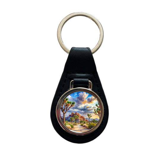 Joshua Tree National Park California Watercolor Style Black Leather Metal Keychain