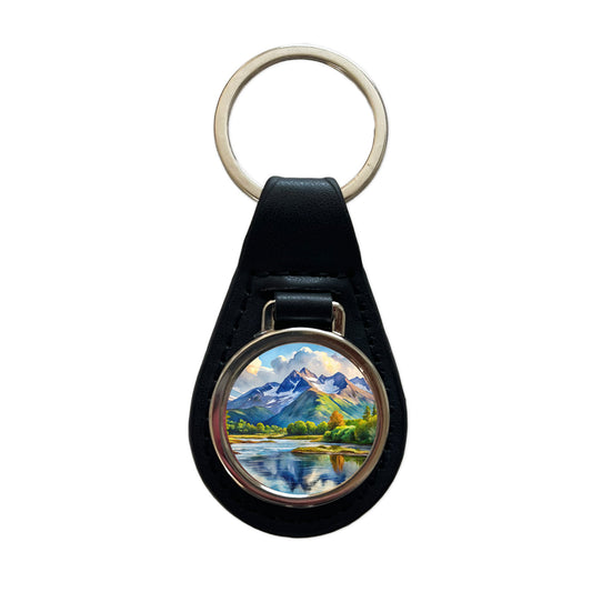Katmai National Park Alaska Watercolor Style Black Leather Metal Keychain