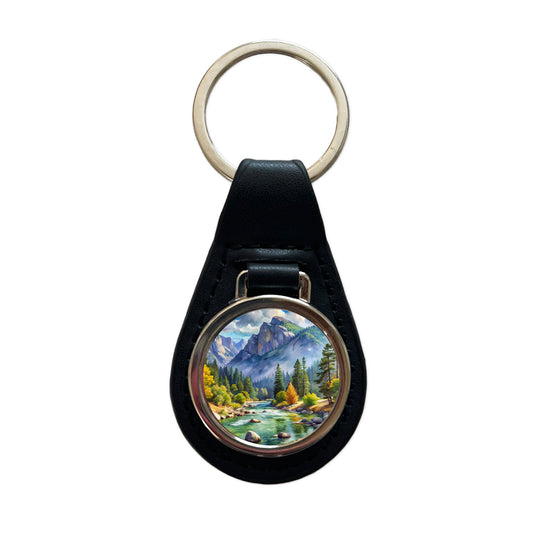 Kings Canyon National Park California Watercolor Style Black Leather Metal Keychain