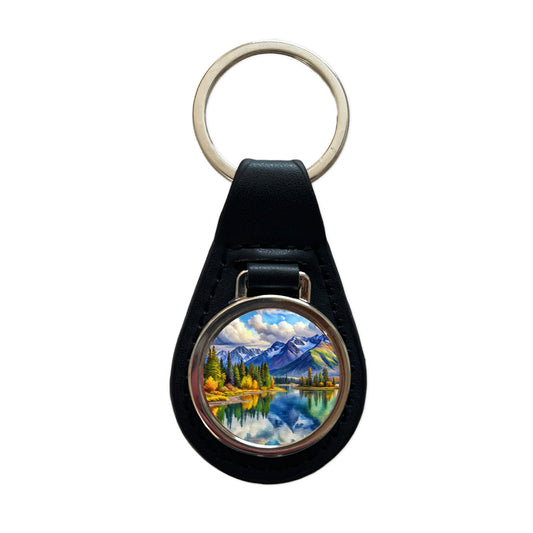 Lake Clark National Park Alaska Watercolor Style Black Leather Metal Keychain