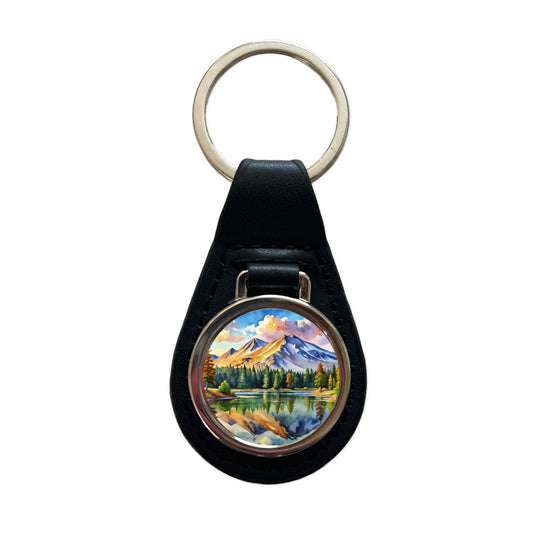 Lassen Volcanic National Park California Watercolor Style Black Leather Metal Keychain