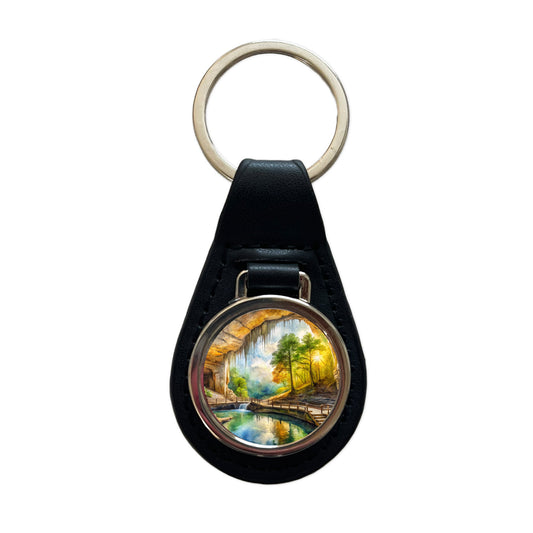 Mammoth Cave National Park Kentucky Watercolor Style Black Leather Metal Keychain
