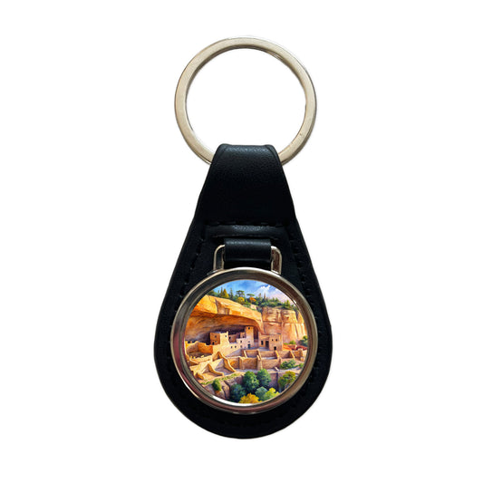 Mesa Verde National Park Colorado Watercolor Style Black Leather Metal Keychain