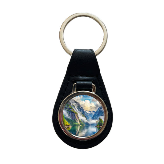 Misty Fjords National Monument Alaska Watercolor Style Black Leather Metal Keychain