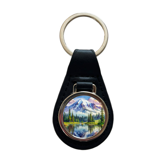 Mount Rainier National Park Washington Watercolor Style Black Leather Metal Keychain