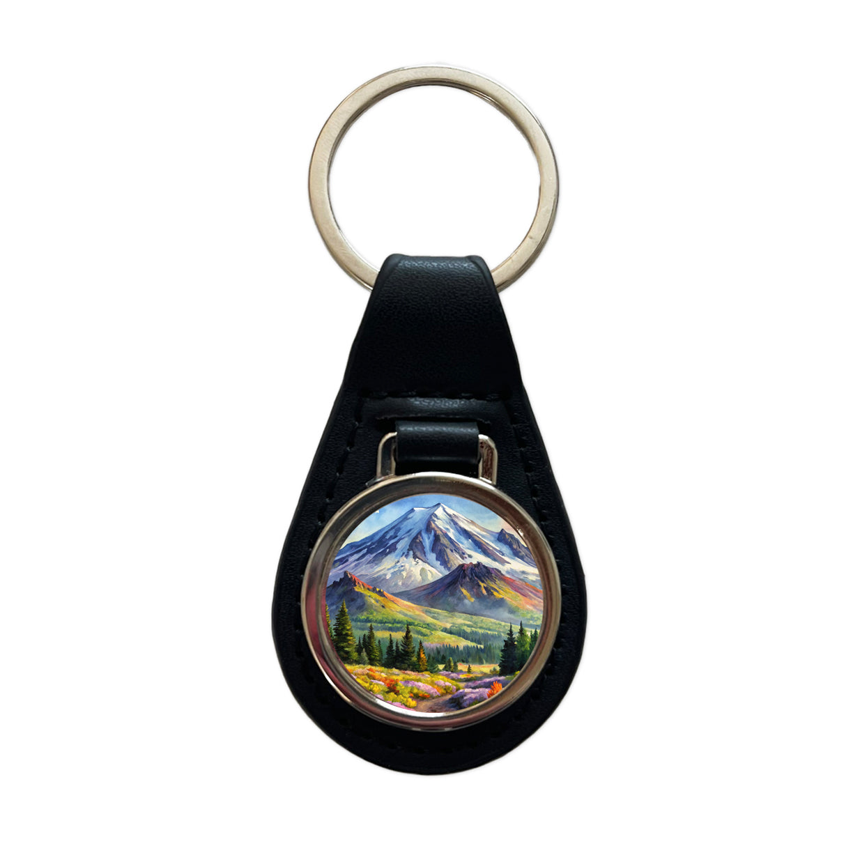 Mount St. Helens Volcanic National Monument Washington Watercolor Style Black Leather Metal Keychain