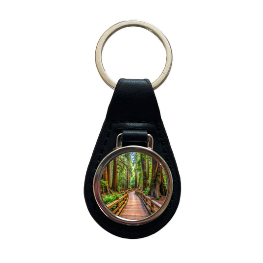 Muir Woods National Monument California Watercolor Style Black Leather Metal Keychain