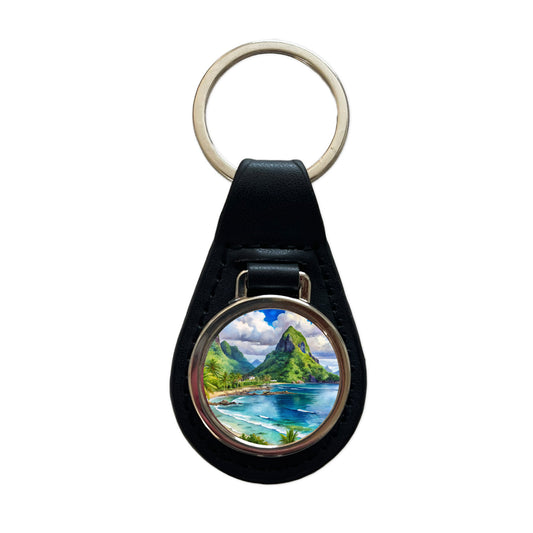 National Park of American Samoa Watercolor Style Black Leather Metal Keychain