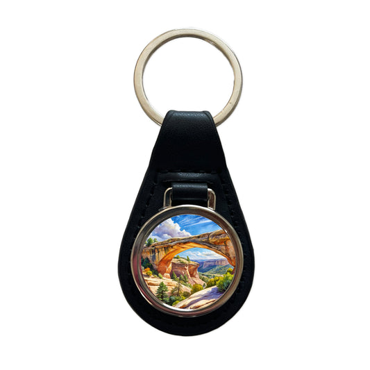 Natural Bridges National Monument Utah Watercolor Style Black Leather Metal Keychain