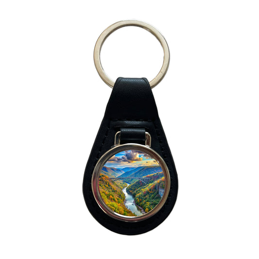 New River Gorge National Park and Preserve West Virginia Watercolor Style Black Leather Metal Keychain