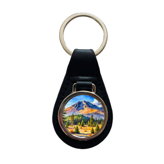 Newberry Volcanic National Monument Oregon Watercolor Style Black Leather Metal Keychain