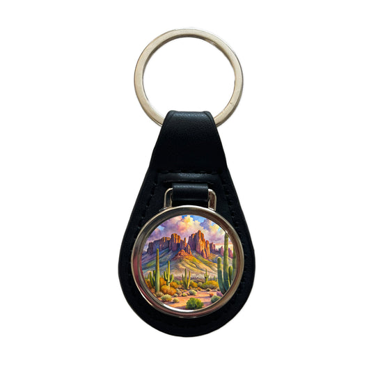 Organ Pipe Cactus National Monument Arizona Watercolor Style Black Leather Metal Keychain