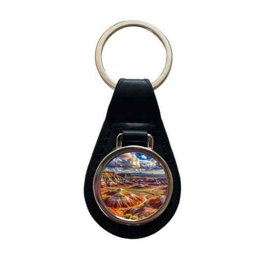 Petrified Forest National Park Arizona Watercolor Style Black Leather Metal Keychain