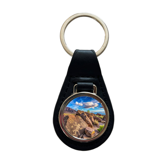 Petroglyph National Monument New Mexico Watercolor Style Black Leather Metal Keychain