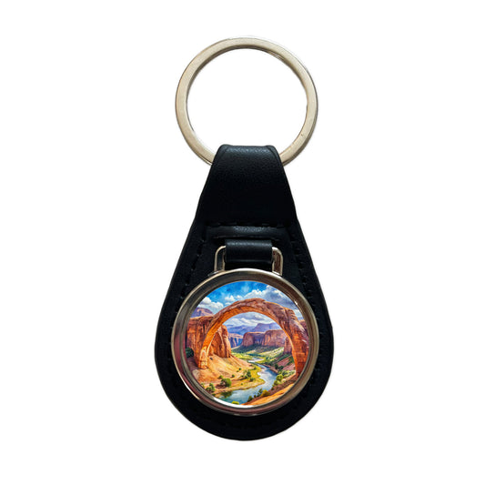 Rainbow Bridge National Monument Utah Watercolor Style Black Leather Metal Keychain
