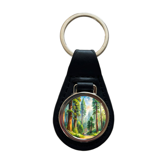 Redwood National Park California Watercolor Style Black Leather Metal Keychain