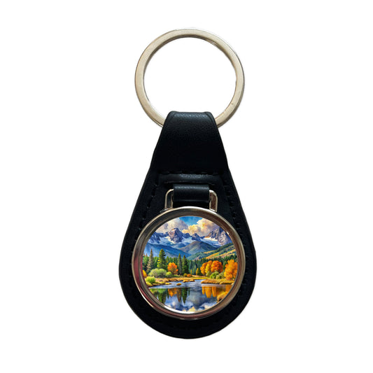 Rocky Mountain National Park Colorado Watercolor Style Black Leather Metal Keychain
