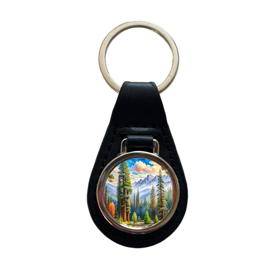 Sequoia National Park California Watercolor Style Black Leather Metal Keychain