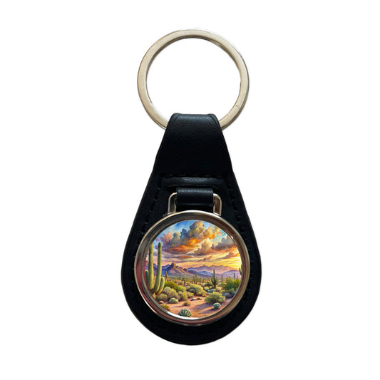 Sonoran Desert National Monument Arizona Watercolor Style Black Leather Metal Keychain