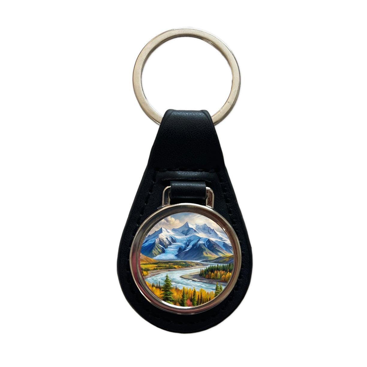 Wrangell - St. Elias National Park Alaska Watercolor Style Black Leather Metal Keychain