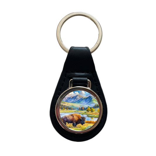 Yellowstone National Park Lamar Valley Watercolor Style Black Leather Metal Keychain