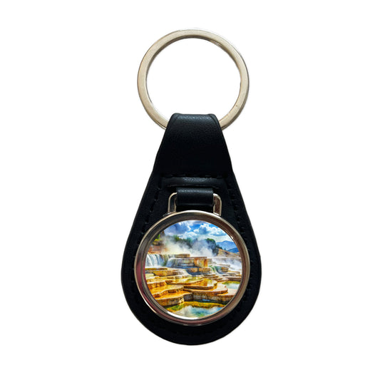 Yellowstone National Park Mammoth Hot Springs Watercolor Style Black Leather Metal Keychain