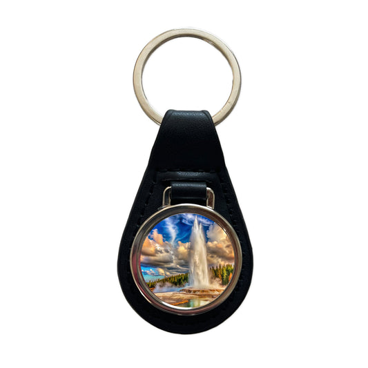 Yellowstone National Park Old Faithful Watercolor Style Black Leather Metal Keychain