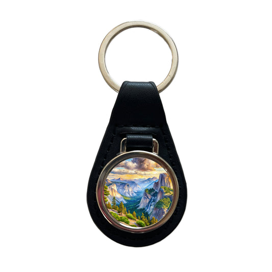 Yosemite National Park Glacier Point Watercolor Style Black Leather Metal Keychain