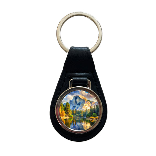 Yosemite National Park Half Dome Watercolor Style Black Leather Metal Keychain