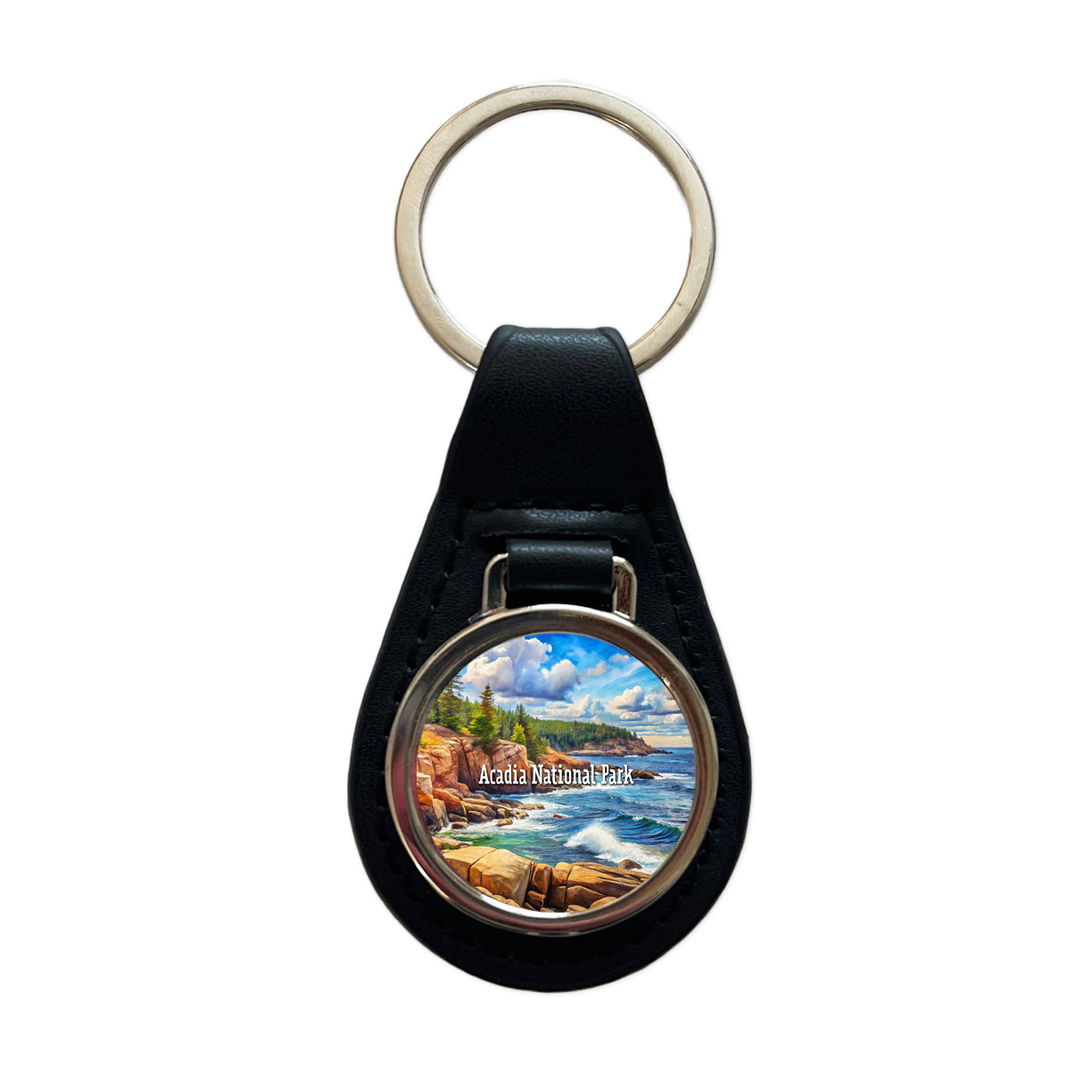 Acadia National Park Maine Black Leather Metal Keychain