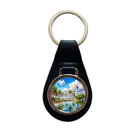 Biscayne National Park Florida Black Leather Metal Keychain