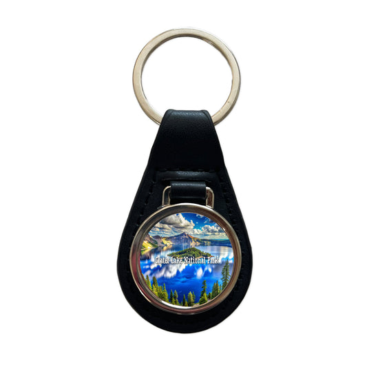 Crater Lake National Park Oregon Black Leather Metal Keychain