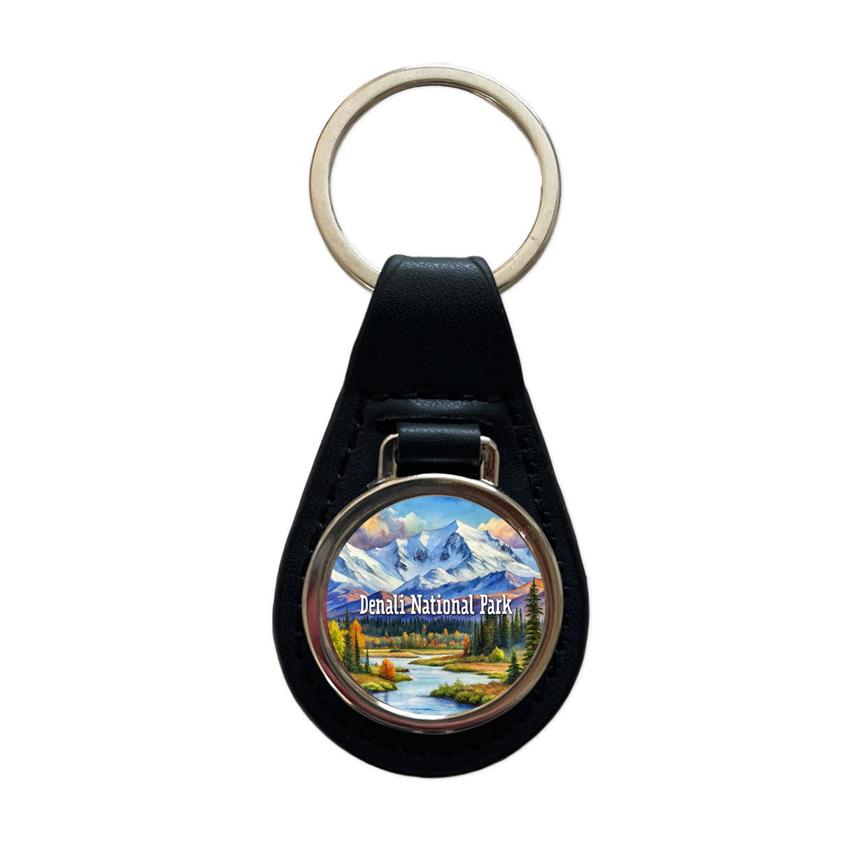 Denali National Park Alaska Black Leather Metal Keychain