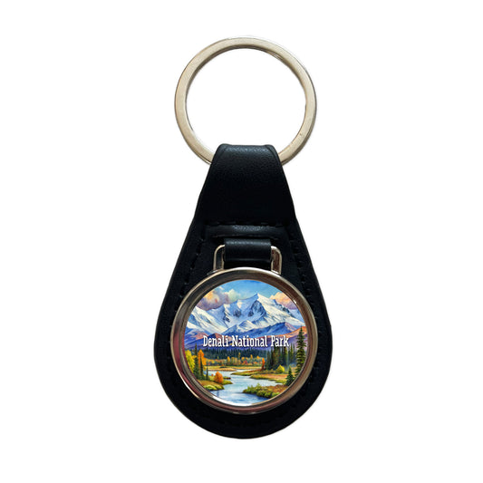 Denali National Park Alaska Black Leather Metal Keychain