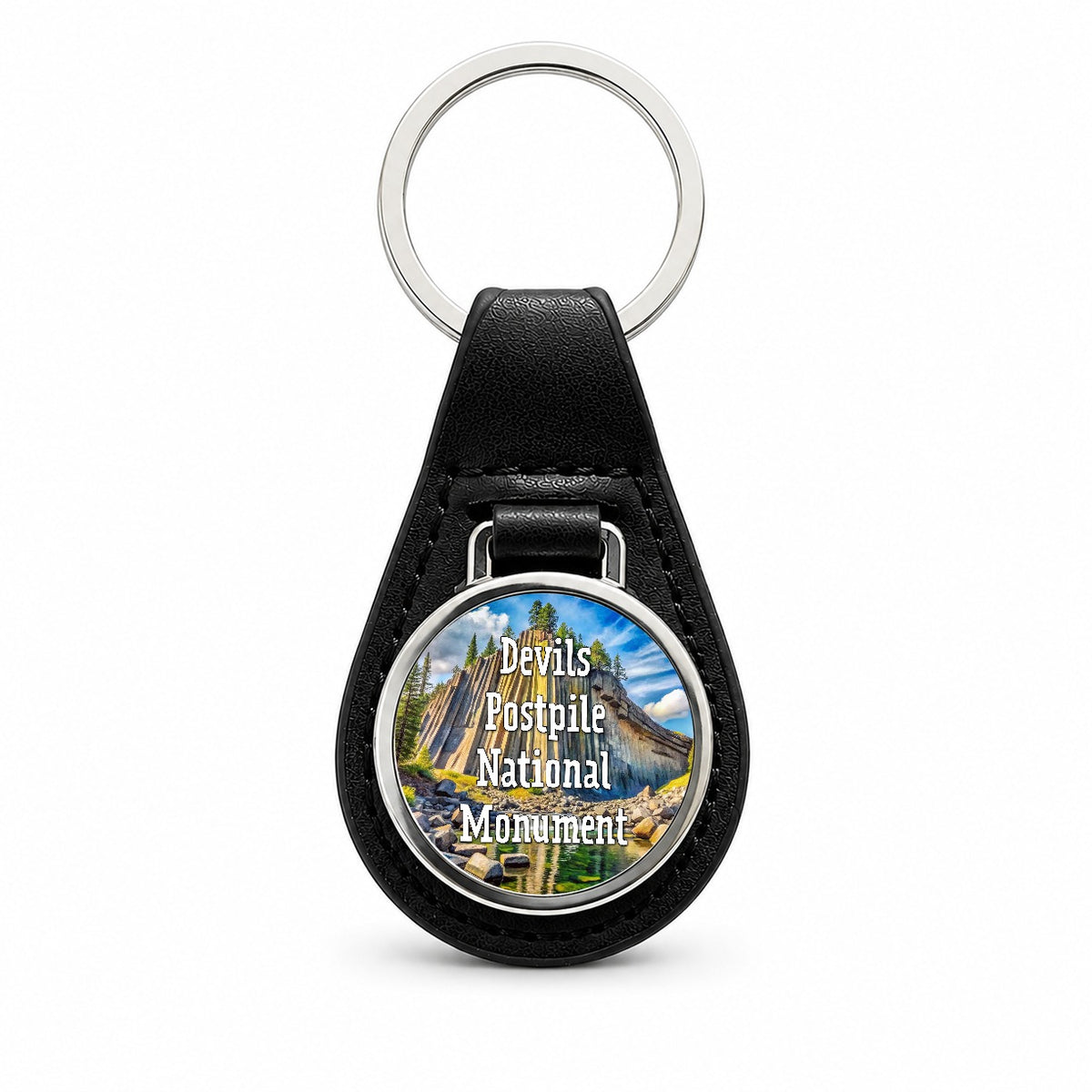 Devils Postpile National Monument California Black Leather Metal Keychain