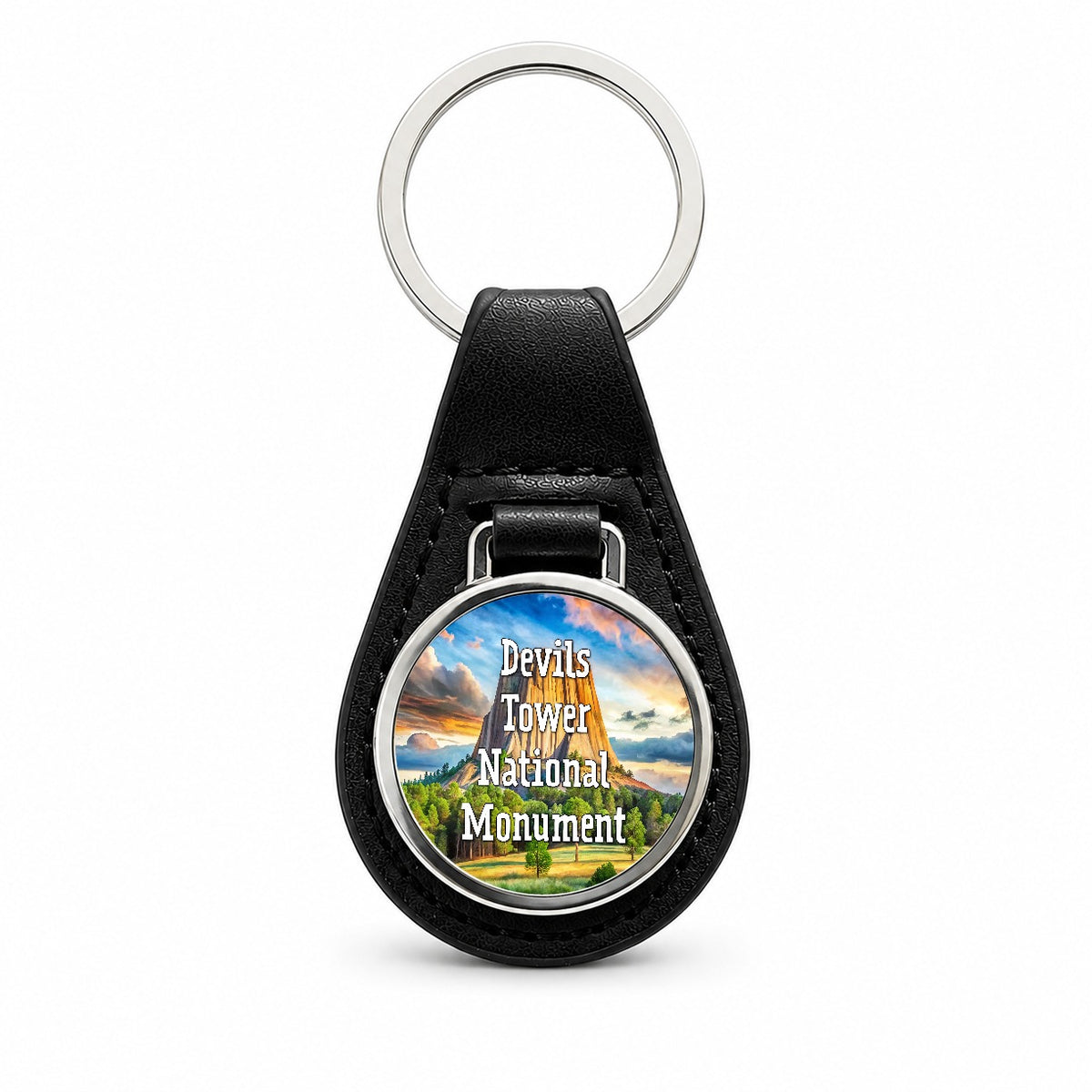 Devils Tower National Monument Wyoming Black Leather Metal Keychain
