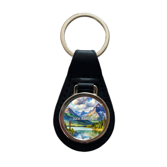 Glacier National Park Montana Black Leather Metal Keychain