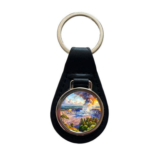Hawai'i Volcanoes National Park Black Leather Metal Keychain