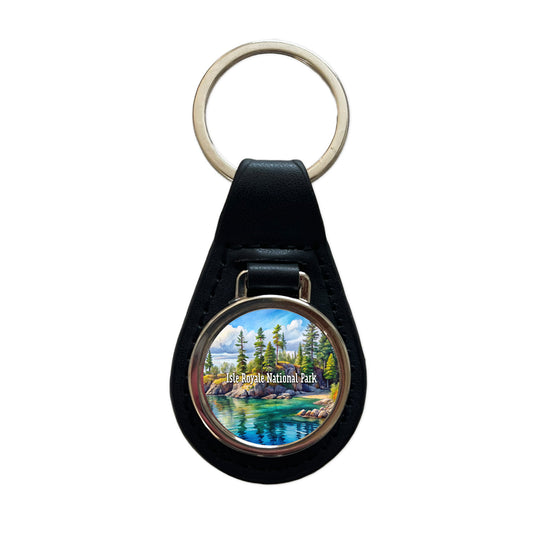Isle Royale National Park Michigan Black Leather Metal Keychain
