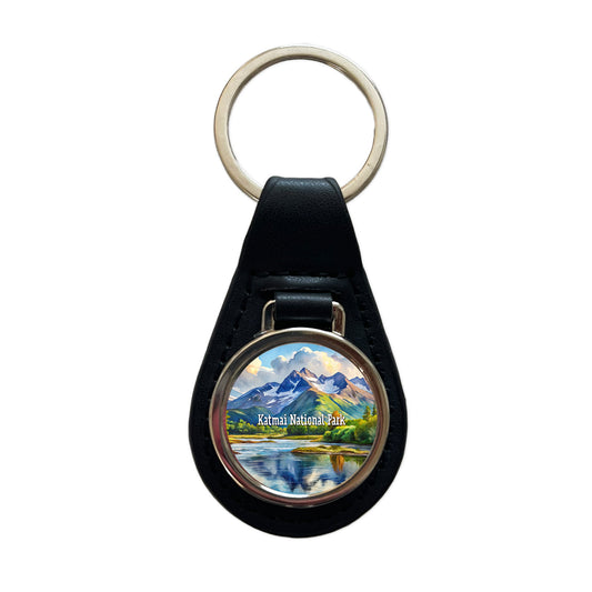 Katmai National Park Alaska Black Leather Metal Keychain