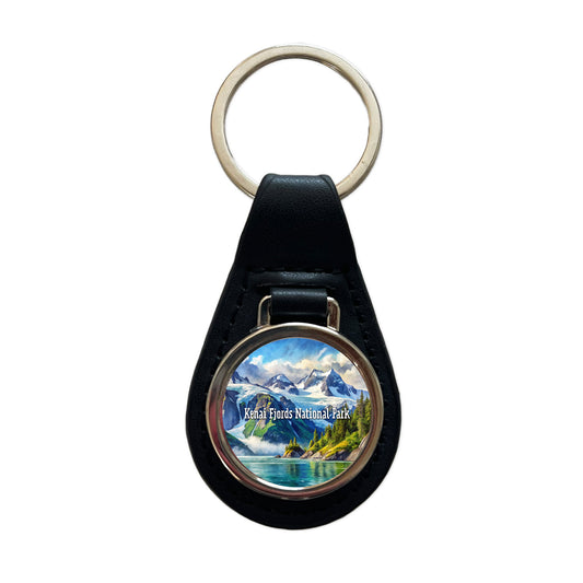 Kenai Fjords National Park Alaska Black Leather Metal Keychain