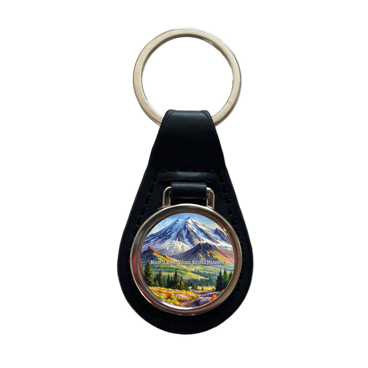 Mount St. Helens Volcanic National Monument Washington Black Leather Metal Keychain